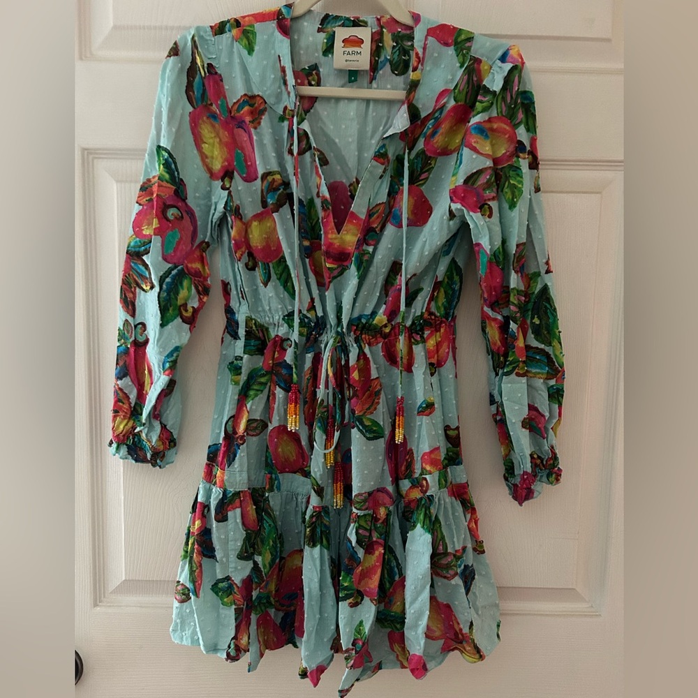 FARM Rio Aqua Floral Tie-Waist Dress with Pink & Yellow Blooms